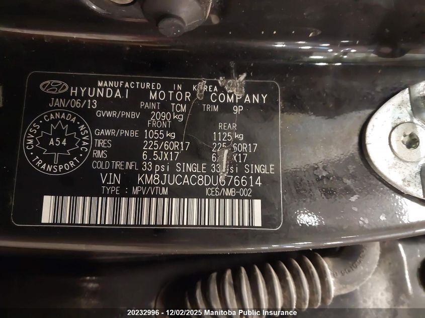 2013 Hyundai Tucson Gls VIN: KM8JUCAC8DU676614 Lot: 20232996