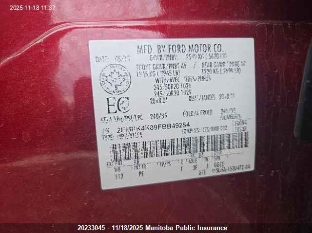 2015 Ford Edge Titanium VIN: 2FMPK4K89FBB49254 Lot: 20233045