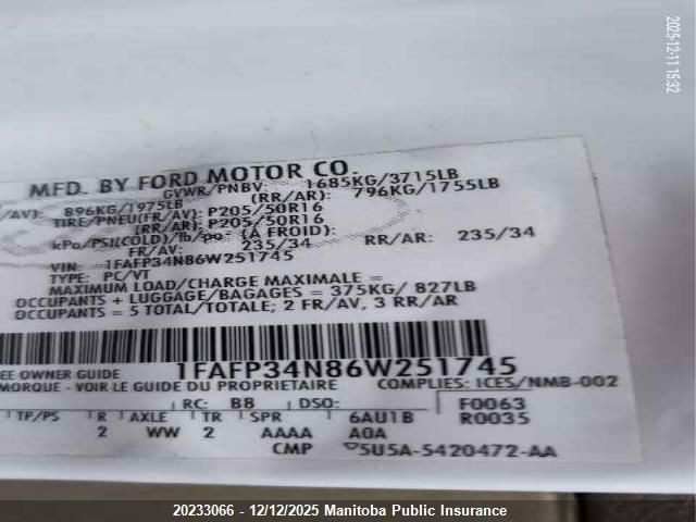 2006 Ford Focus Zx4 Ses VIN: 1FAFP34N86W251745 Lot: 20233066