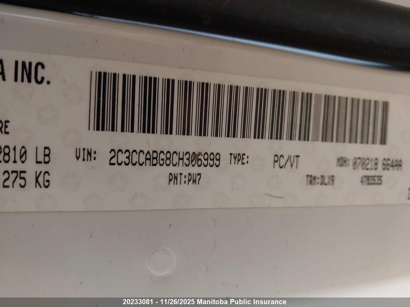 2012 Chrysler 300 Limited VIN: 2C3CCABG8CH306999 Lot: 20233081