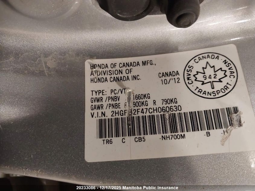 2012 Honda Civic Lx VIN: 2HGFB2F47CH060630 Lot: 20233086