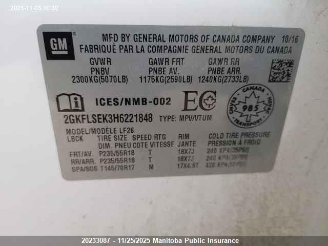 2017 GMC Terrain Sle VIN: 2GKFLSEK3H6221848 Lot: 20233087