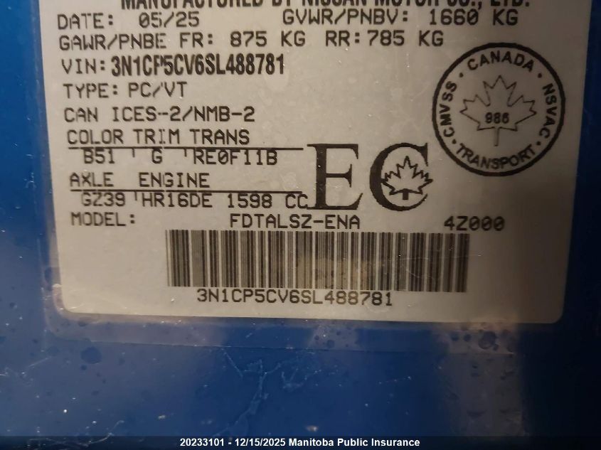 2025 Nissan Kicks Play Sv VIN: 3N1CP5CV6SL488781 Lot: 20233101