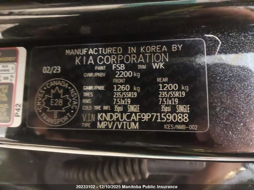 2023 Kia Sportage X-Line VIN: KNDPUCAF9P7159088 Lot: 20233102