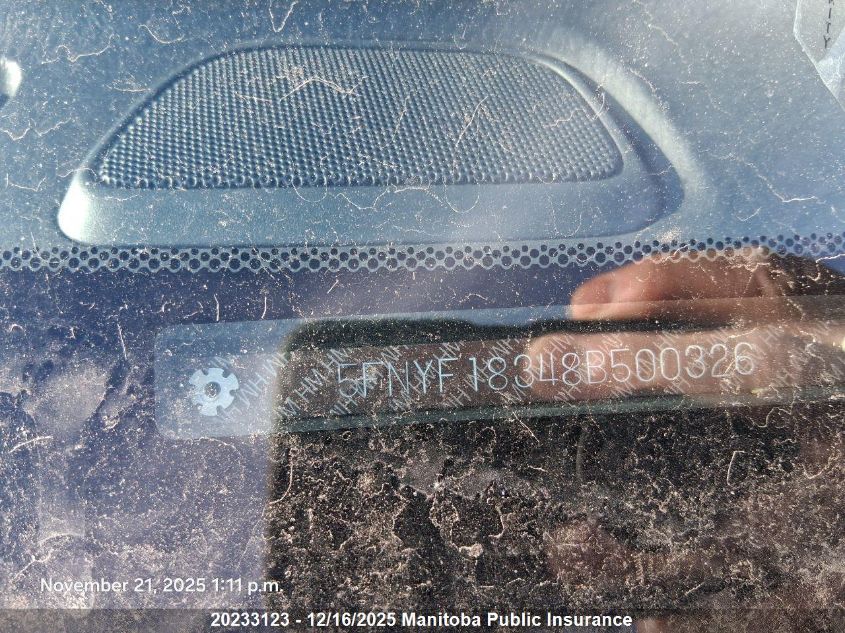 2008 Honda Pilot Se-L VIN: 5FNYF18348B500326 Lot: 20233123