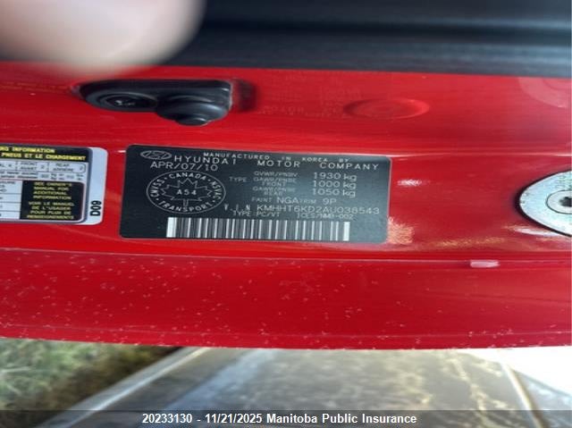 2010 Hyundai Genesis 2.0T VIN: KMHHT6KD2AU038543 Lot: 20233130