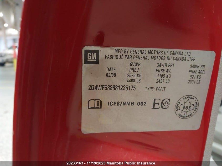 2008 Buick Allure Cx VIN: 2G4WF582881225175 Lot: 20233163