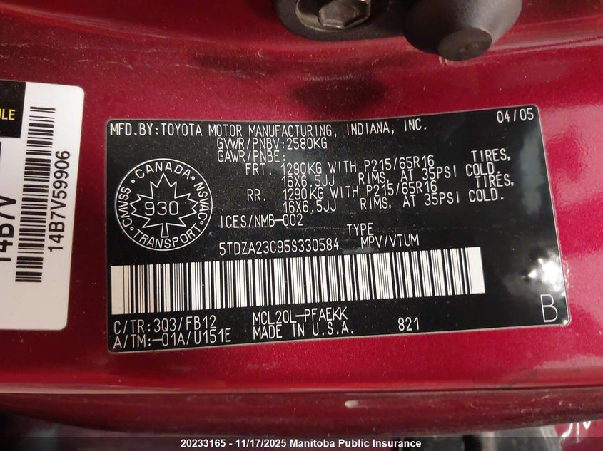 2005 Toyota Sienna Le V6 VIN: 5TDZA23C95S330584 Lot: 20233165