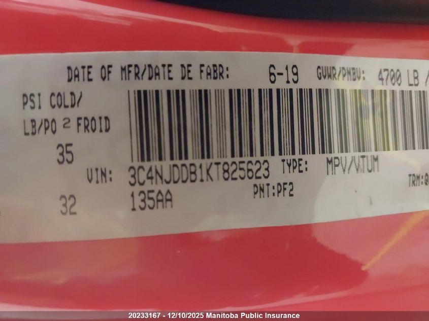 2019 Jeep Compass Trailhawk VIN: 3C4NJDDB1KT825623 Lot: 20233167