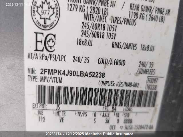 2020 Ford Edge Sel VIN: 2FMPK4J90LBA52238 Lot: 20233174