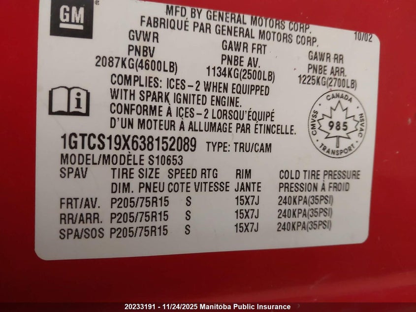 2003 GMC Sonoma Sls Ext Cab VIN: 1GTCS19X638152089 Lot: 20233191