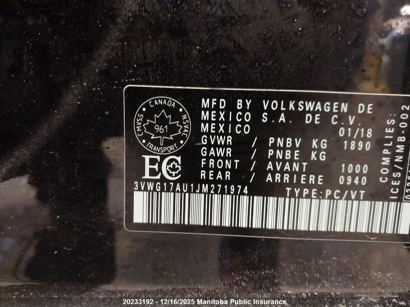2018 Volkswagen Golf 1.8 Tsi VIN: 3VWG17AU1JM271974 Lot: 20233192