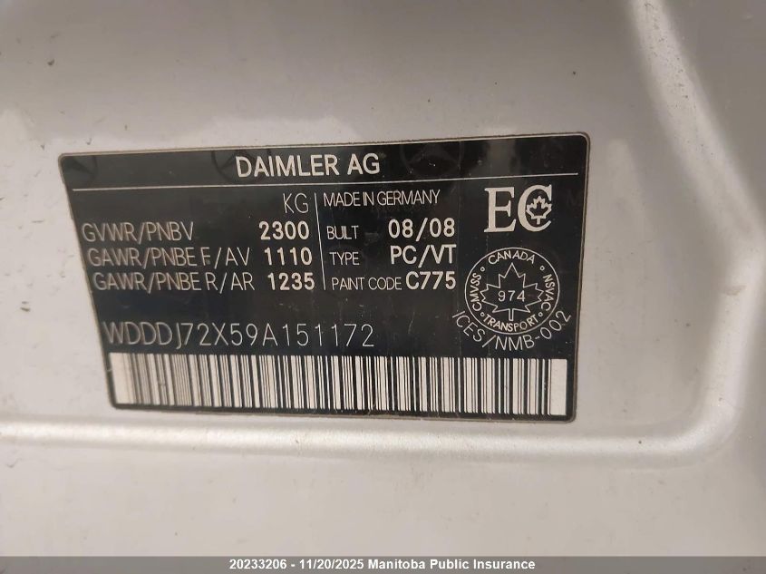 2009 Mercedes Benz Cls550 VIN: WDDDJ72X59A151172 Lot: 20233206