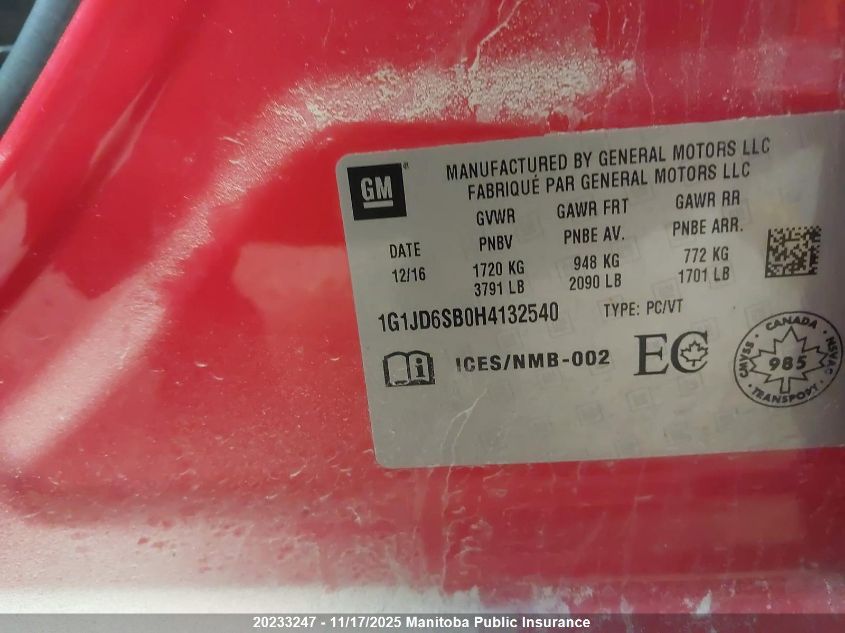 2017 Chevrolet Sonic Lt VIN: 1G1JD6SB0H4132540 Lot: 20233247