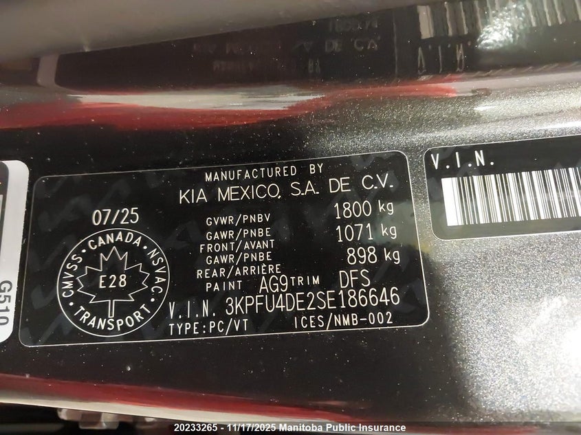 2025 Kia K4 Ex VIN: 3KPFU4DE2SE186646 Lot: 20233265