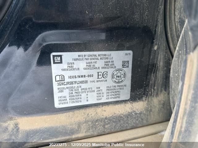 2015 Chevrolet Trax Lt VIN: 3GNCJRSB7FL248598 Lot: 20233275