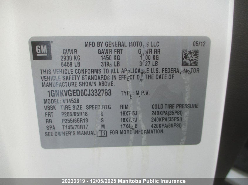 1GNKVGED0CJ332783 2012 CHEVROLET TRAVERSE photo no. 5