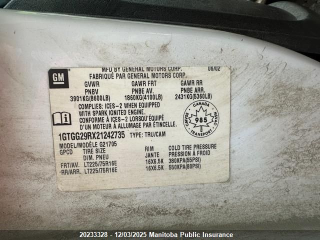 2002 GMC Savana 2500 Cargo Van Ext VIN: 1GTGG29RX21242735 Lot: 20233328