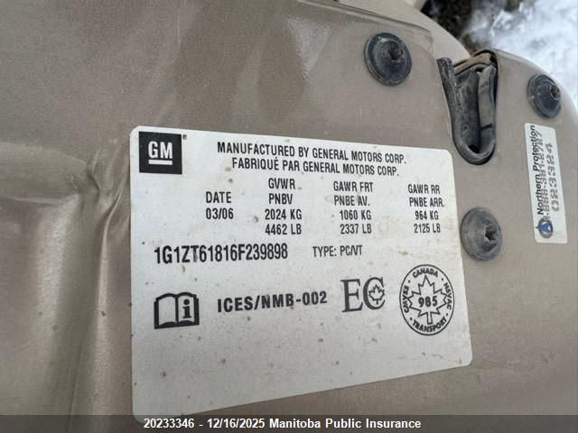 2006 Chevrolet Malibu Maxx Lt VIN: 1G1ZT61816F239898 Lot: 20233346