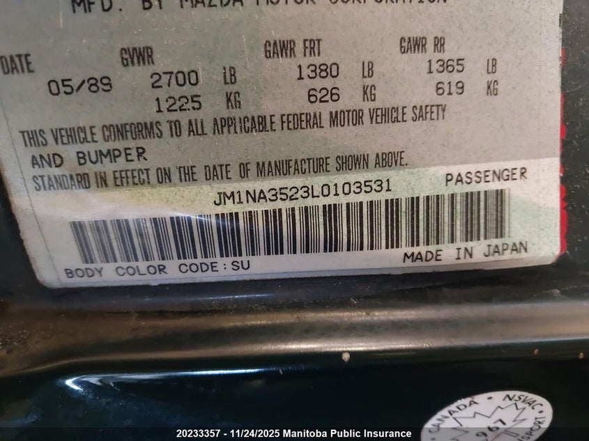 1990 Mazda Miata VIN: JM1NA3523L0103531 Lot: 20233357