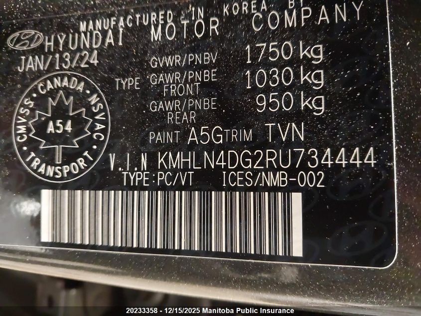 2024 Hyundai Elantra Luxury VIN: KMHLN4DG2RU734444 Lot: 20233358