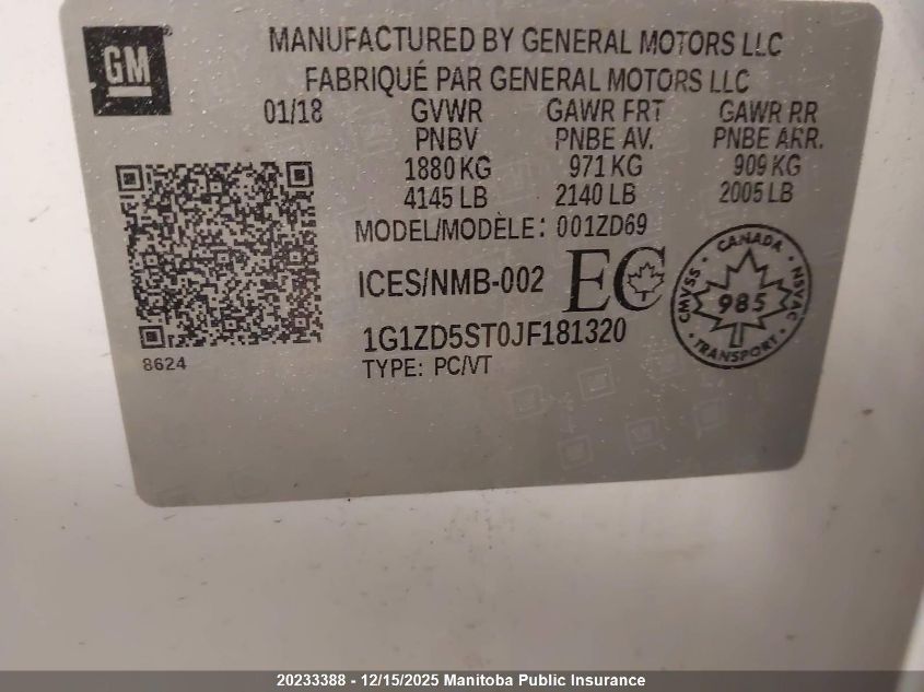 2018 Chevrolet Malibu Lt VIN: 1G1ZD5ST0JF181320 Lot: 20233388