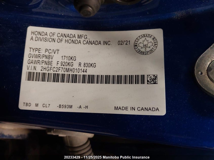 2021 Honda Civic Ex VIN: 2HGFC2F70MH010144 Lot: 20233429