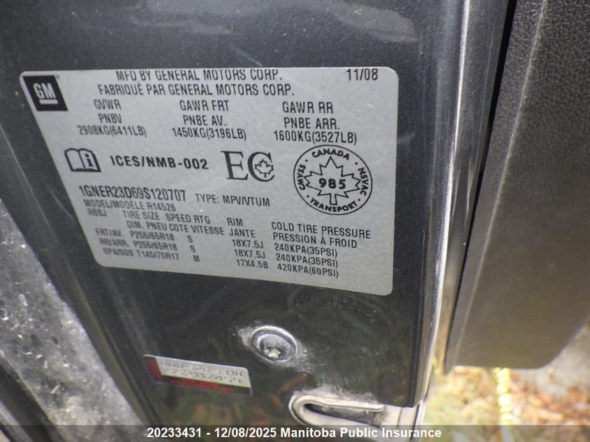 2009 Chevrolet Traverse VIN: 1GNER23D69S120707 Lot: 20233431