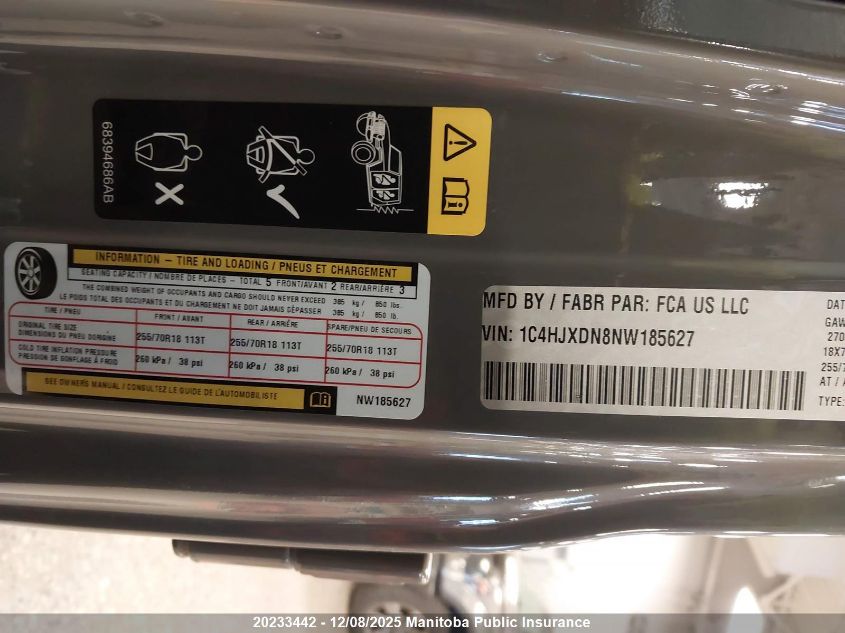 2022 Jeep Wrangler Unlimited Sport VIN: 1C4HJXDN8NW185627 Lot: 20233442