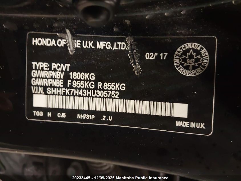 2017 Honda Civic Sport VIN: SHHFK7H43HU305752 Lot: 20233445