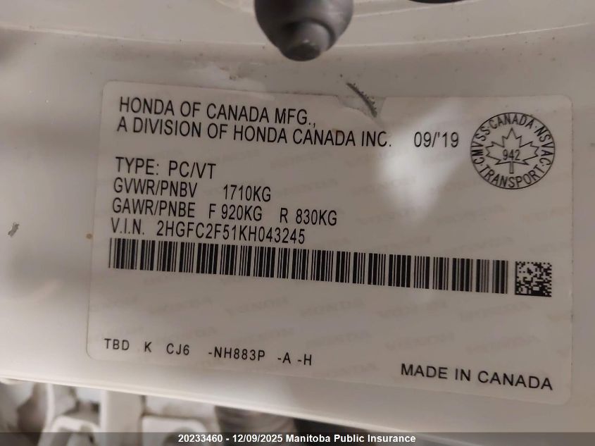 2019 Honda Civic Lx VIN: 2HGFC2F51KH043245 Lot: 20233460