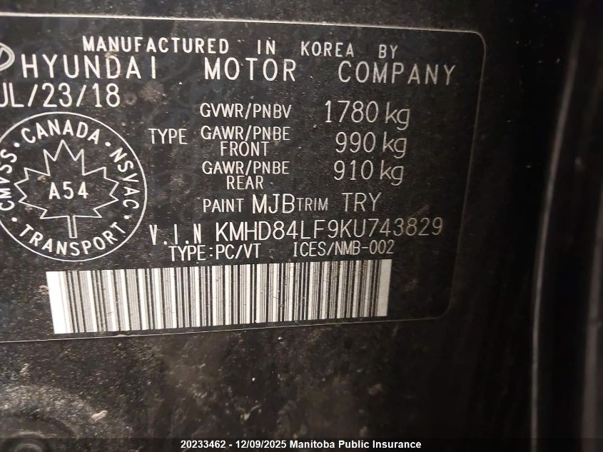 2019 Hyundai Elantra Preferred VIN: KMHD84LF9KU743829 Lot: 20233462