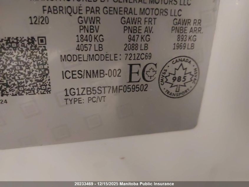 2021 Chevrolet Malibu Ls VIN: 1G1ZB5ST7MF059502 Lot: 20233469