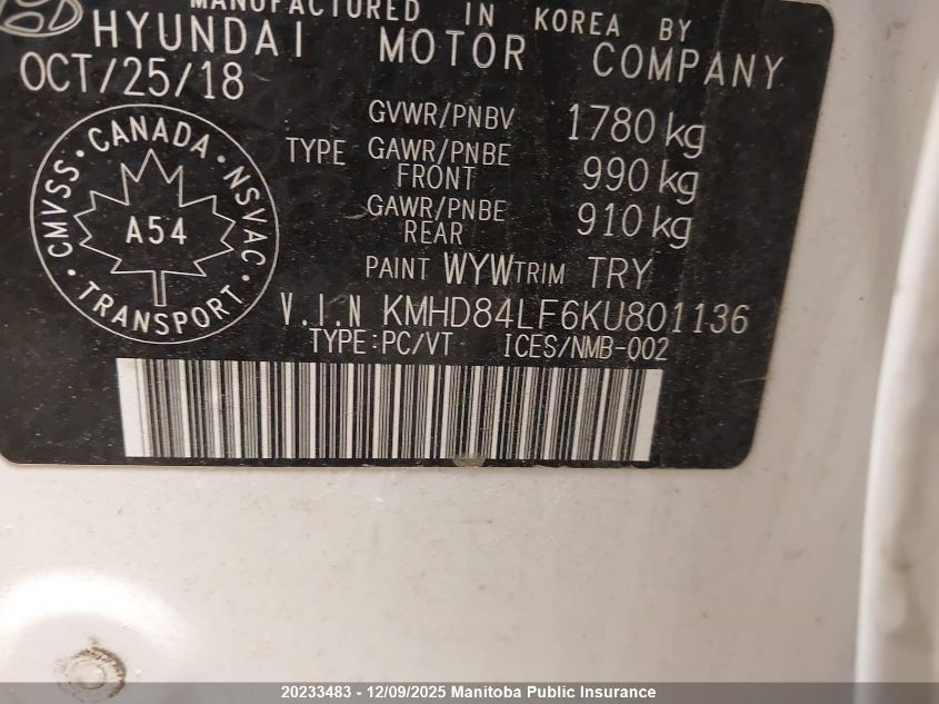 2019 Hyundai Elantra Preferred VIN: KMHD84LF6KU801136 Lot: 20233483