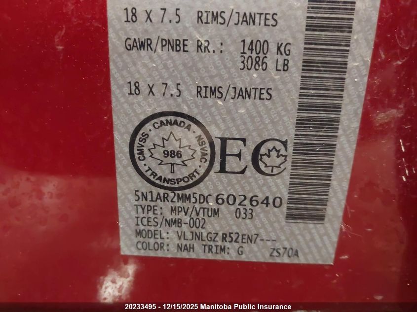 2013 Nissan Pathfinder Sl VIN: 5N1AR2MM5DC602640 Lot: 20233495