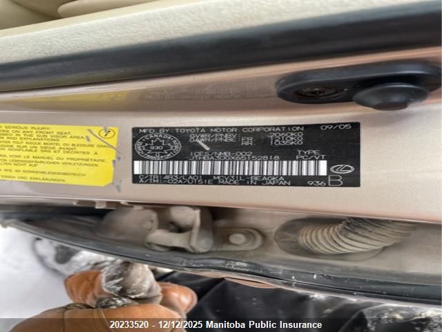 2006 Lexus Es 330 VIN: JTHBA30GX65152818 Lot: 20233520