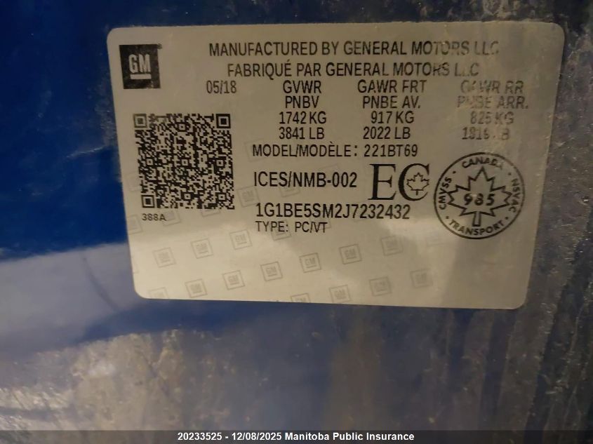 2018 Chevrolet Cruze Lt Turbo VIN: 1G1BE5SM2J7232432 Lot: 20233525