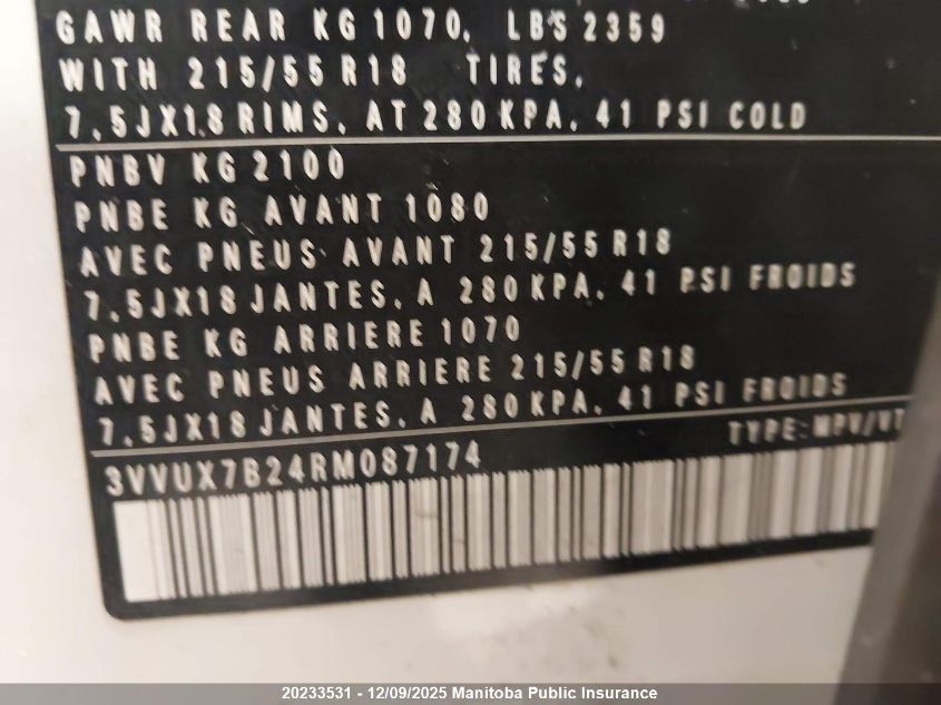 2024 Volkswagen Taos Comfortline 1.5 Tsi VIN: 3VVUX7B24RM087174 Lot: 20233531