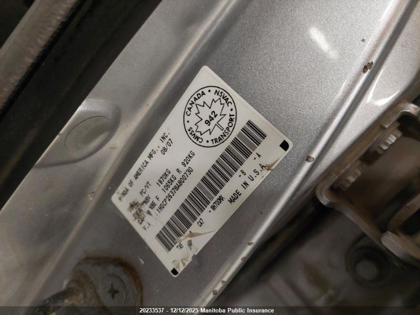 2008 Honda Accord Lx VIN: 1HGCP26378A800730 Lot: 20233537