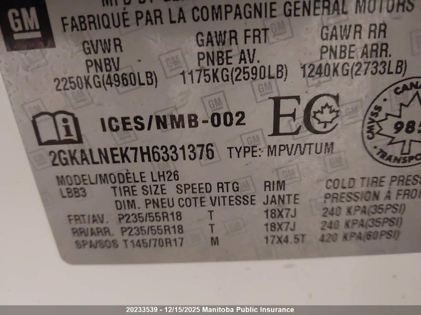 2017 GMC Terrain Sle VIN: 2GKALNEK7H6331376 Lot: 20233539