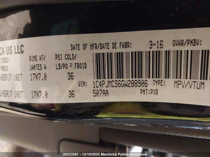 2016 Jeep Cherokee North VIN: 1C4PJMCS6GW288906 Lot: 20233567