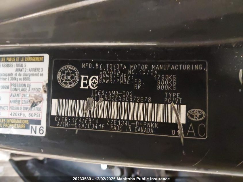 2005 Toyota Matrix Xr VIN: 2T1LR32EX5C872678 Lot: 20233580