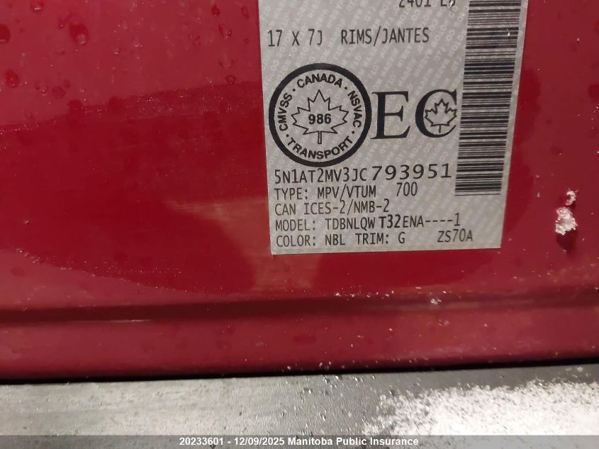 2018 Nissan Rogue Sv VIN: 5N1AT2MV3JC793951 Lot: 20233601