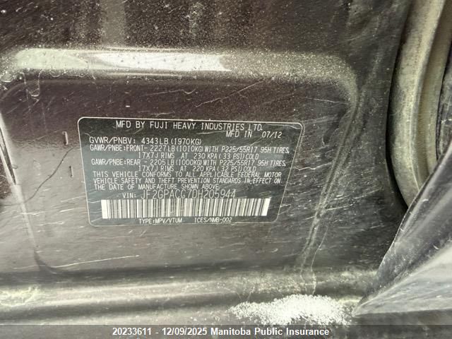 2013 Subaru Xv Crosstrek Touring VIN: JF2GPACC7DH205944 Lot: 20233611