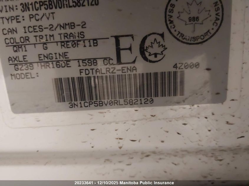 2024 Nissan Kicks S VIN: 3N1CP5BV0RL582120 Lot: 20233641