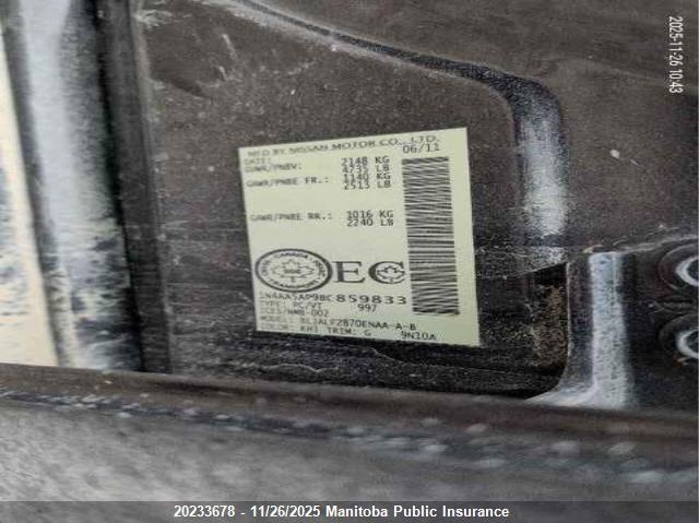 2011 Nissan Maxima 3.5 Sv VIN: 1N4AA5AP9BC859833 Lot: 20233678