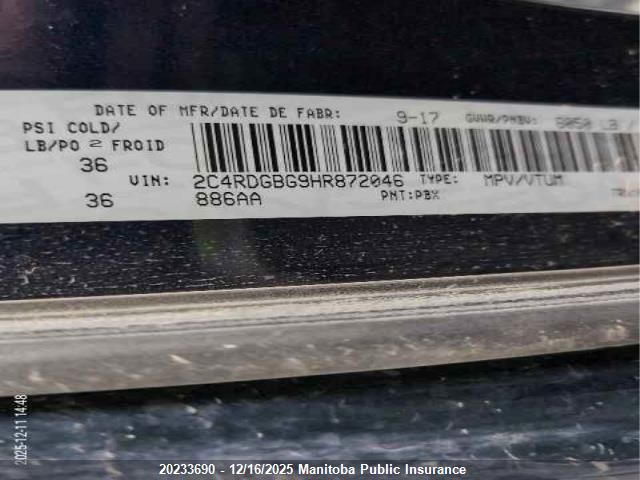 2017 Dodge Grand Caravan Sxt VIN: 2C4RDGBG9HR872046 Lot: 20233690