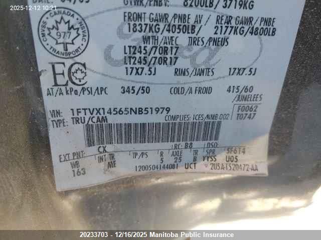 2005 Ford F150 Xlt Supercab VIN: 1FTVX14565NB51979 Lot: 20233703