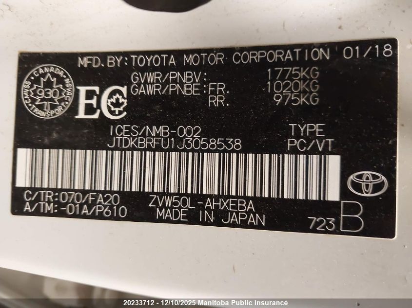 2018 Toyota Prius VIN: JTDKBRFU1J3058538 Lot: 20233712