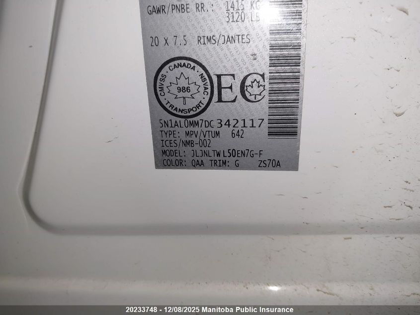 2013 Infiniti Jx35 VIN: 5N1AL0MM7DC342117 Lot: 20233748